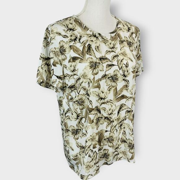 J. Jill Blouse Short Sleeve Floral Print Sepia Scoop Neck Keyhole Size Large - Picture 2 of 7